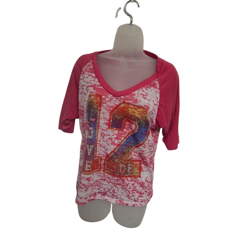 Joe Boxer Women Pink Burnout Raglan Tee Rainbow 12 Rhinestone V-Neck Y2K Shirt